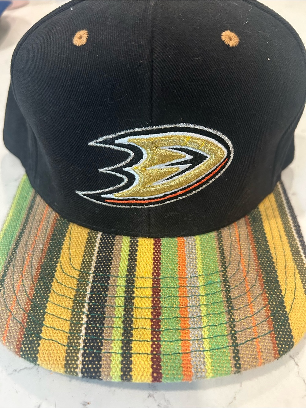 Mitchell & Ness Anaheim Ducks Black Hat with Multicolor Striped Brim